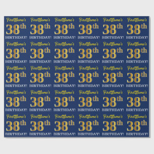 Blue, Imitation Gold Look "38th BIRTHDAY" Wrapping Paper