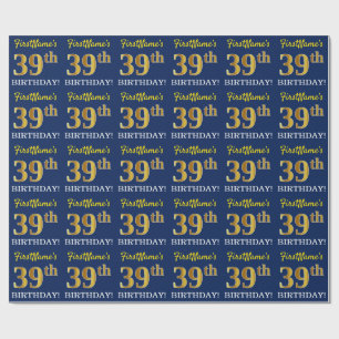 Blue, Imitation Gold Look "39th BIRTHDAY" Wrapping Paper