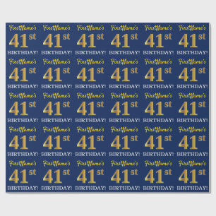 Blue, Imitation Gold Look "41st BIRTHDAY" Wrapping Paper