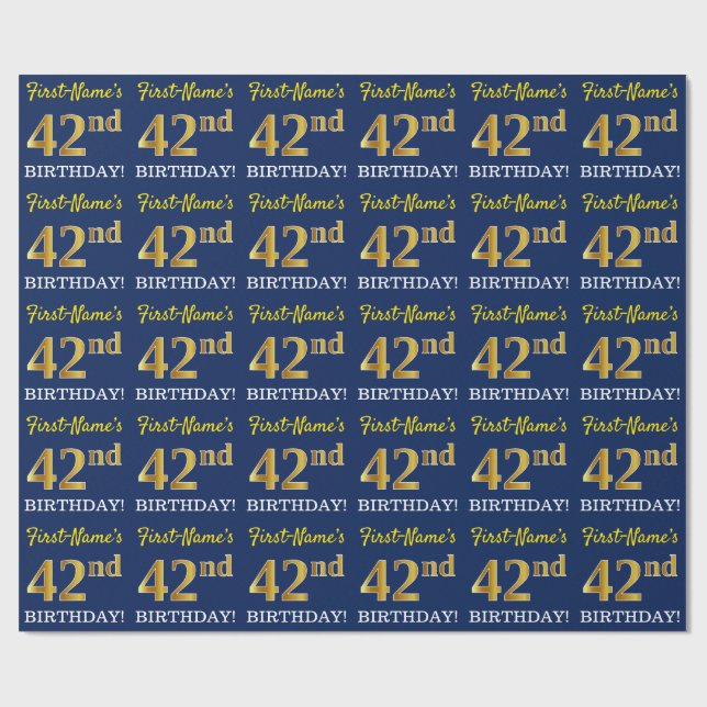 Blue, Imitation Gold Look "42nd BIRTHDAY" Wrapping Paper (Flat)