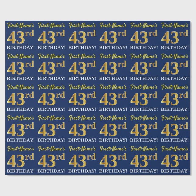 Blue, Imitation Gold Look "43rd BIRTHDAY" Wrapping Paper (Flat)