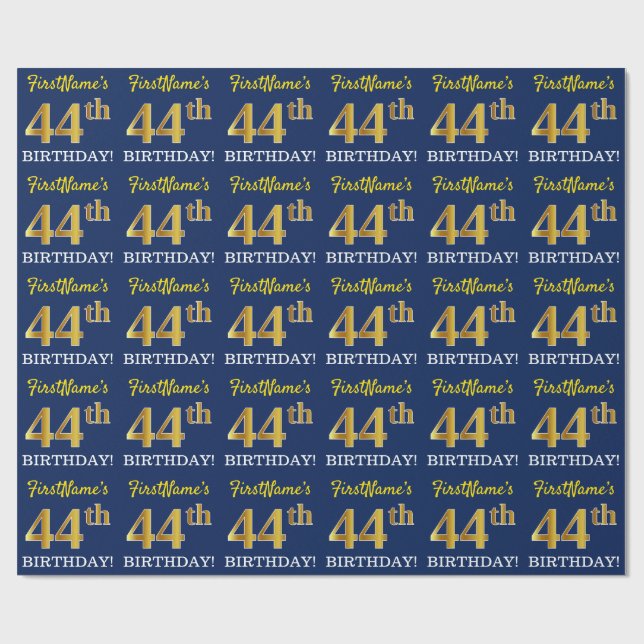 Blue, Imitation Gold Look "44th BIRTHDAY" Wrapping Paper (Flat)