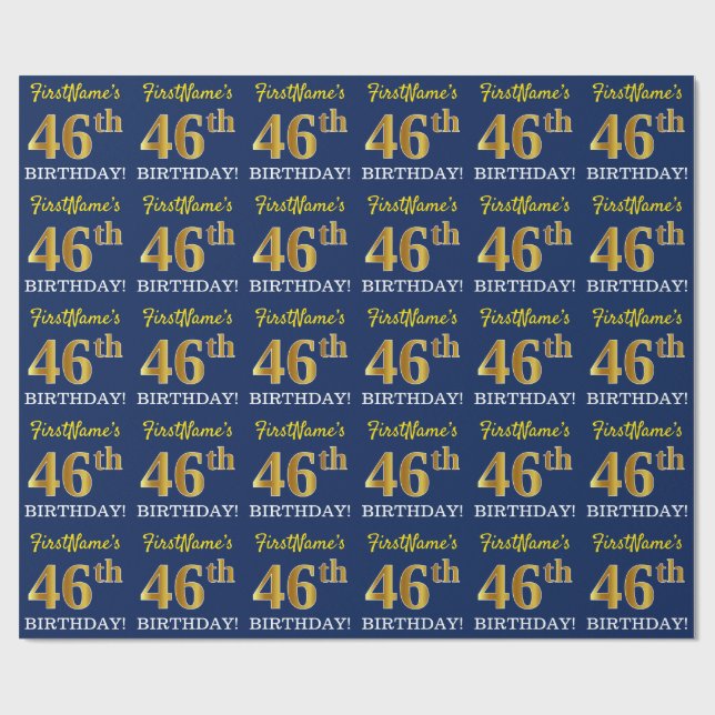 Blue, Imitation Gold Look "46th BIRTHDAY" Wrapping Paper (Flat)