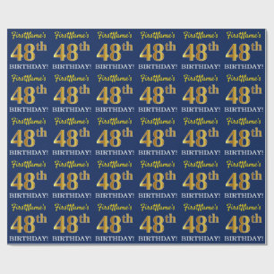 Blue, Imitation Gold Look "48th BIRTHDAY" Wrapping Paper