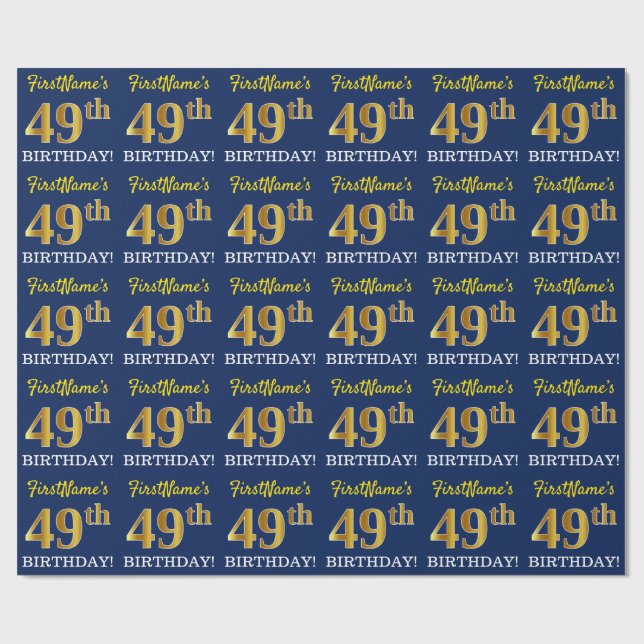 Blue, Imitation Gold Look "49th BIRTHDAY" Wrapping Paper (Flat)