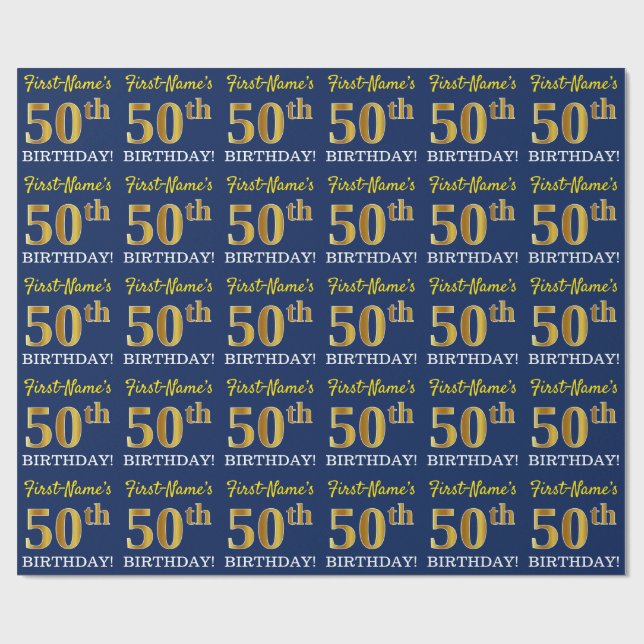 Blue, Imitation Gold Look "50th BIRTHDAY" Wrapping Paper (Flat)