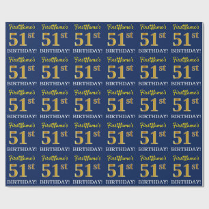 Blue, Imitation Gold Look "51st BIRTHDAY" Wrapping Paper