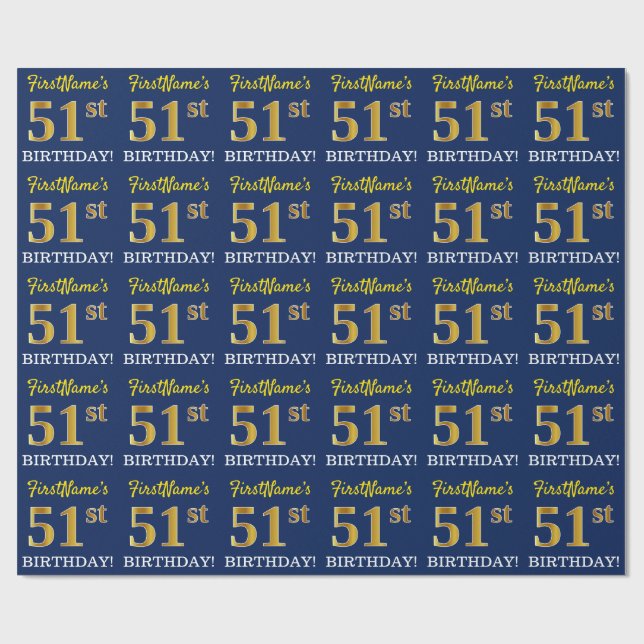 Blue, Imitation Gold Look "51st BIRTHDAY" Wrapping Paper (Flat)