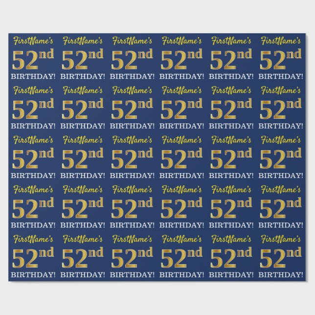 Blue, Imitation Gold Look "52nd BIRTHDAY" Wrapping Paper (Flat)