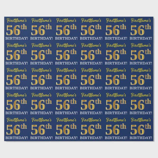 Blue, Imitation Gold Look "56th BIRTHDAY" Wrapping Paper (Flat)