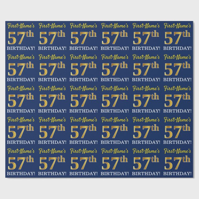 Blue, Imitation Gold Look "57th BIRTHDAY" Wrapping Paper (Flat)
