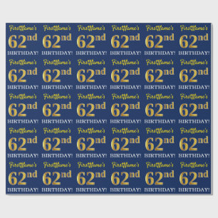 Blue, Imitation Gold Look "62nd BIRTHDAY" Wrapping Paper