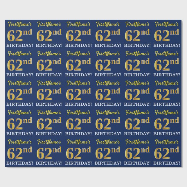 Blue, Imitation Gold Look "62nd BIRTHDAY" Wrapping Paper (Flat)