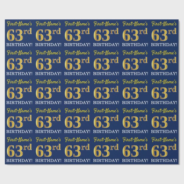 Blue, Imitation Gold Look "63rd BIRTHDAY" Wrapping Paper (Flat)