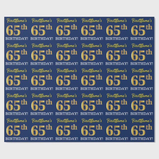 Blue, Imitation Gold Look "65th BIRTHDAY" Wrapping Paper (Flat)