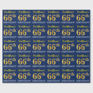 Blue, Imitation Gold Look "66th BIRTHDAY" Wrapping Paper