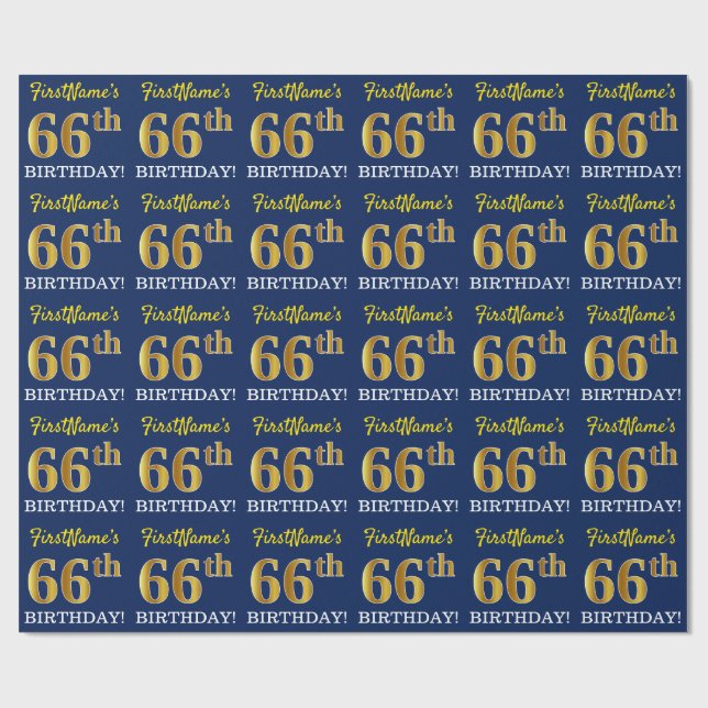 Blue, Imitation Gold Look "66th BIRTHDAY" Wrapping Paper (Flat)