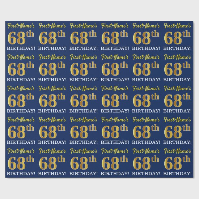 Blue, Imitation Gold Look "68th BIRTHDAY" Wrapping Paper (Flat)