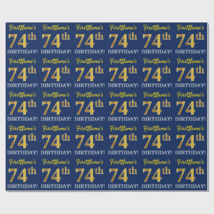 Blue, Imitation Gold Look "74th BIRTHDAY" Wrapping Paper