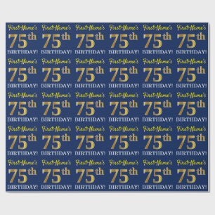 Blue, Imitation Gold Look "75th BIRTHDAY" Wrapping Paper