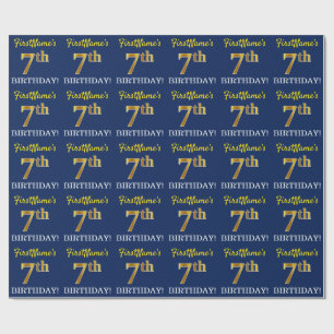 Blue, Imitation Gold Look "7th BIRTHDAY" Wrapping Paper