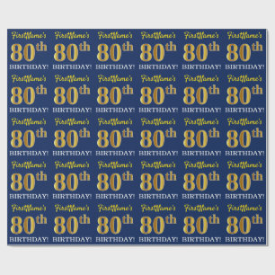 Blue, Imitation Gold Look "80th BIRTHDAY" Wrapping Paper