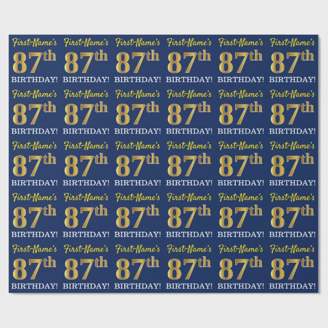 Blue, Imitation Gold Look "87th BIRTHDAY" Wrapping Paper (Flat)