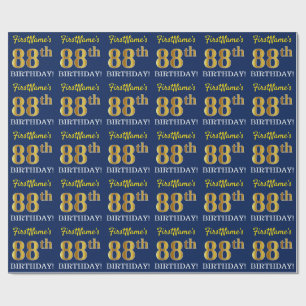 Blue, Imitation Gold Look "88th BIRTHDAY" Wrapping Paper