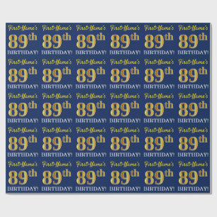 Blue, Imitation Gold Look "89th BIRTHDAY" Wrapping Paper