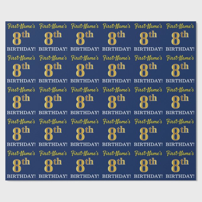 Blue, Imitation Gold Look "8th BIRTHDAY" Wrapping Paper (Flat)