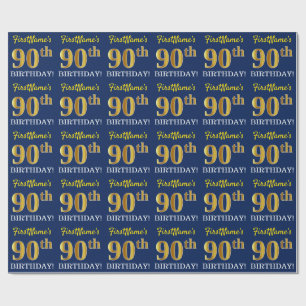 Blue, Imitation Gold Look "90th BIRTHDAY" Wrapping Paper