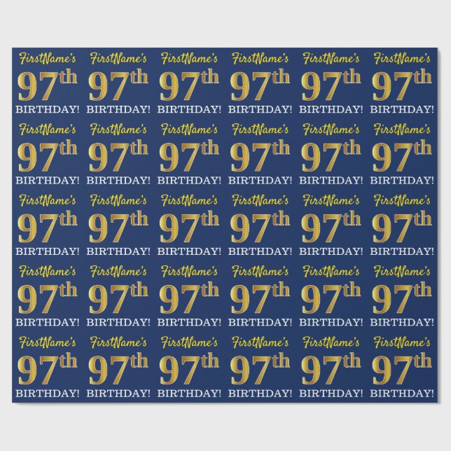 Blue, Imitation Gold Look "97th BIRTHDAY" Wrapping Paper (Flat)