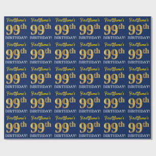 Blue, Imitation Gold Look "99th BIRTHDAY" Wrapping Paper