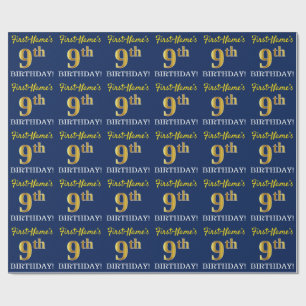 Blue, Imitation Gold Look "9th BIRTHDAY" Wrapping Paper