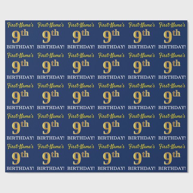 Blue, Imitation Gold Look "9th BIRTHDAY" Wrapping Paper (Flat)