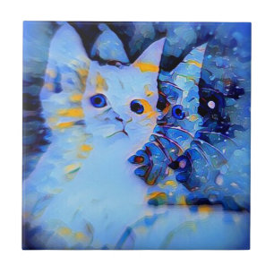 Blue Impressionist Style Kitten Art for Cat Lovers Ceramic Tile