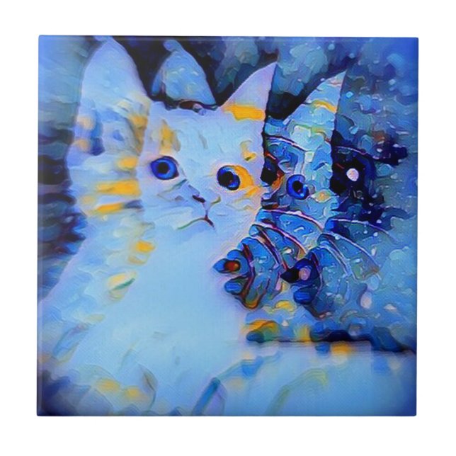 Blue Impressionist Style Kitten Art for Cat Lovers Ceramic Tile (Front)