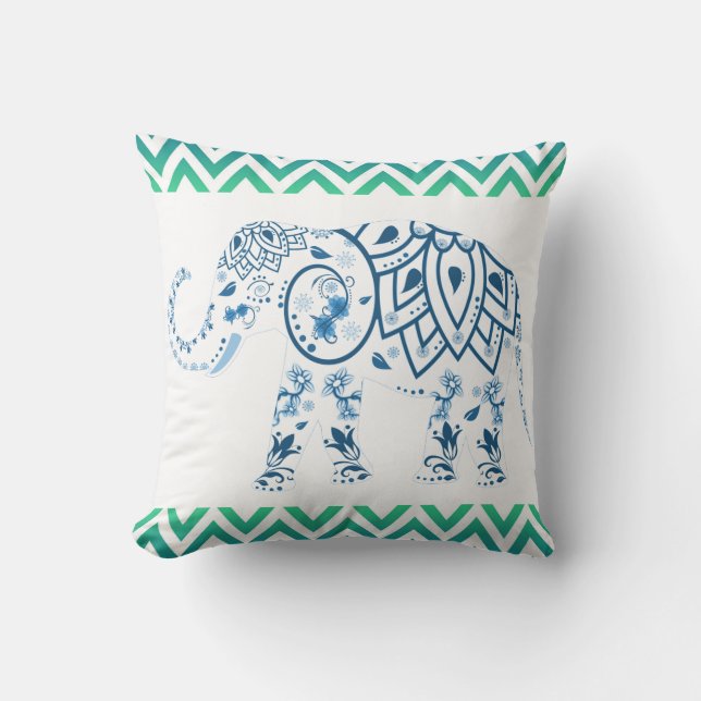 Blue Indian Elephant Green & Blue Chevron Design Cushion (Front)