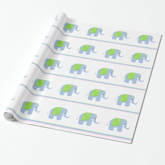 Blue Indian Elephants Wrapping Paper (Unrolled)