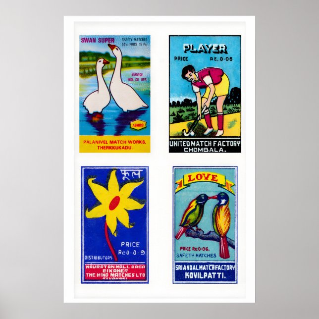 Blue Indian Matchbox Labels Grid Print, Vintage Poster (Front)