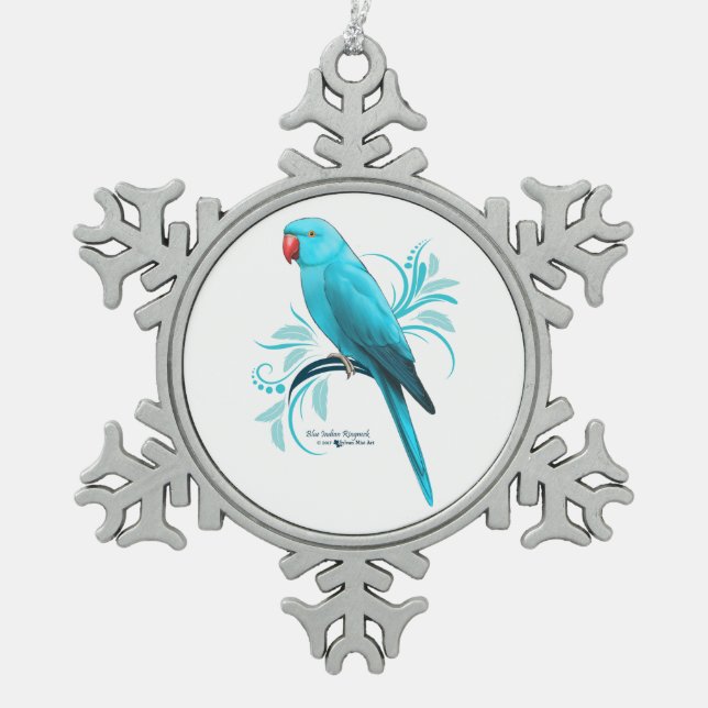 Blue Indian Ringneck Parrot Snowflake Pewter Christmas Ornament (Front)