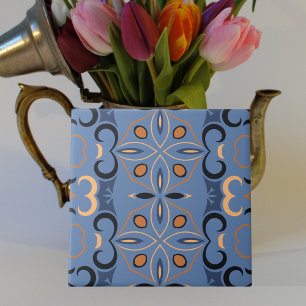 Blue Indigo And Orange Bohemian Ethnic Pattern Ceramic Tile