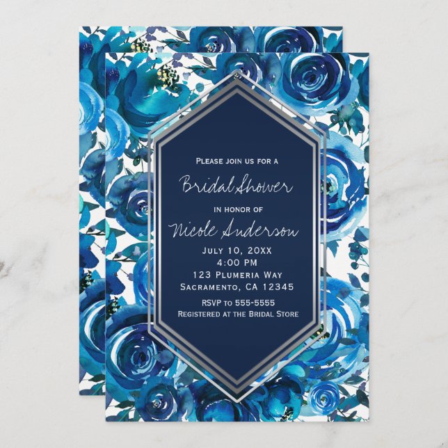 Blue Indigo Floral Flowers Elegant Bridal Shower Invitation (Front/Back)