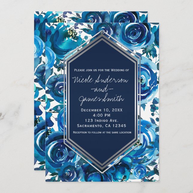 Blue Indigo Floral Flowers Elegant Chic Wedding Invitation (Front/Back)