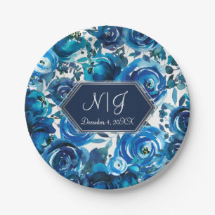 Blue Indigo Floral Flowers Elegant Chic Wedding Paper Plate