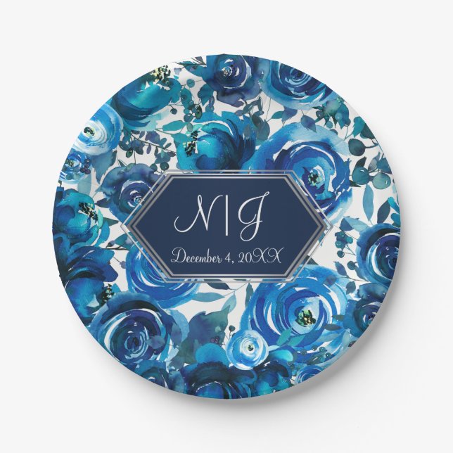 Blue Indigo Floral Flowers Elegant Chic Wedding Paper Plate (Front)