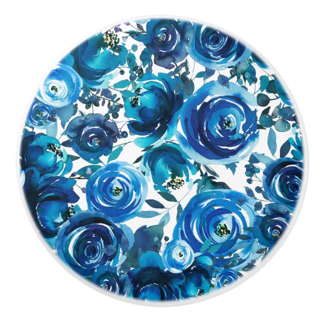 Blue Indigo Floral Flowers Elegant Shabby Chic Ceramic Knob (Front)