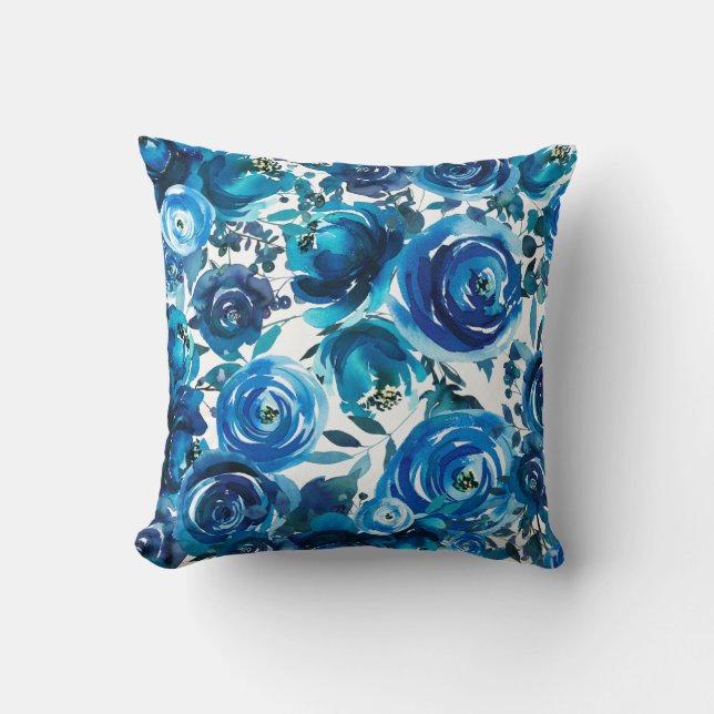 Blue Indigo Floral Flowers Elegant Shabby Chic Cushion (Front)