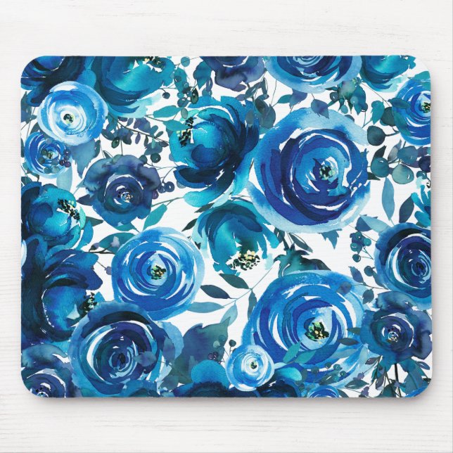 Blue Indigo Floral Flowers Elegant Shabby Chic Mouse Pad (Front)