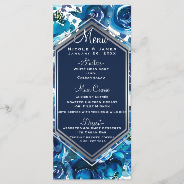 Blue Indigo Floral Flowers Elegant Wedding Menu (Front)